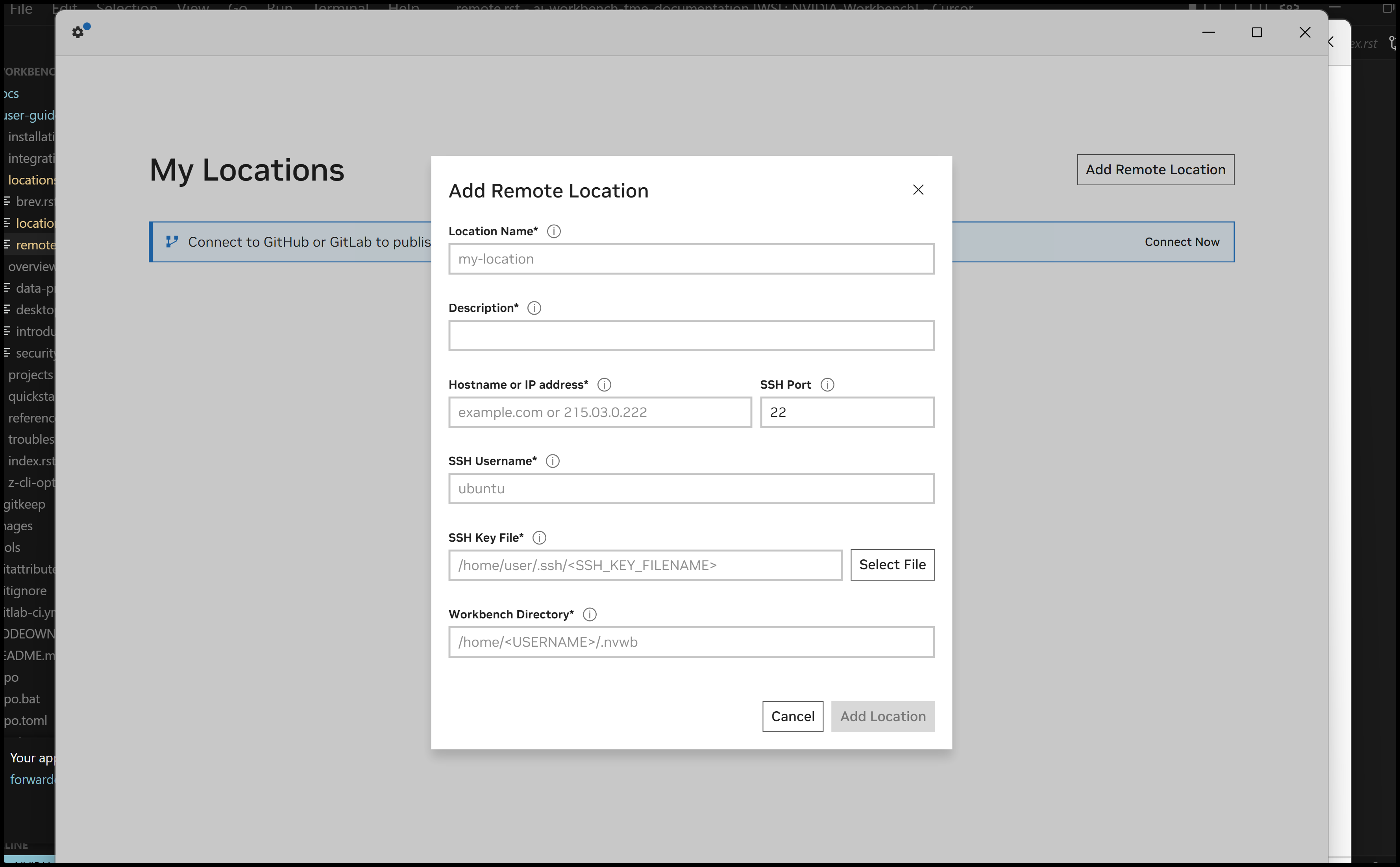 Screenshot of the add remote location modal for AI Workbench showing the different fields that need to be entered.